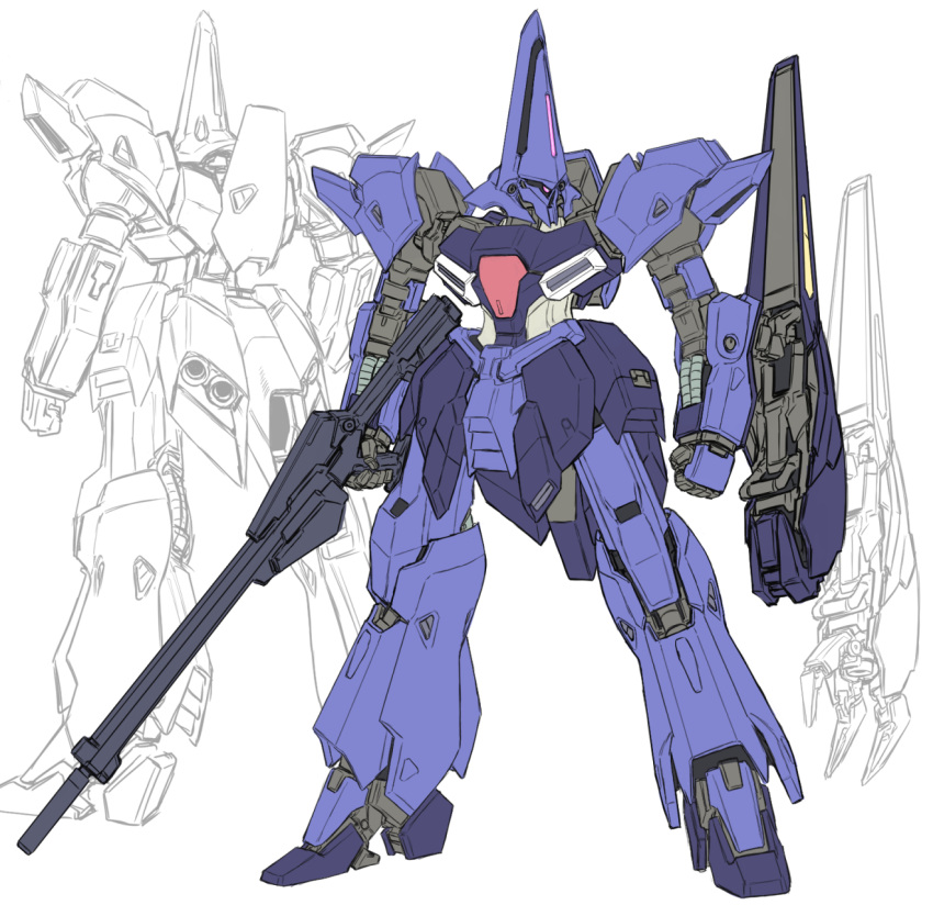 clenched_hand fusion gabthley gun gundam hambrabi highres holding holding_gun holding_weapon mecha mecha_focus mituo_sakinori multiple_views no_humans robot standing weapon white_background