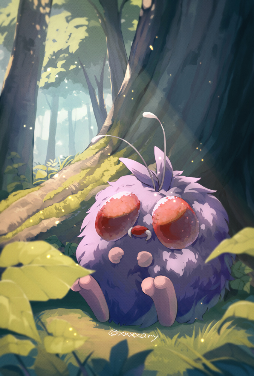 absurdres antennae commentary_request day fangs grass highres light_rays no_humans outdoors pokemon pokemon_(creature) red_eyes solo tree venonat xxxxay