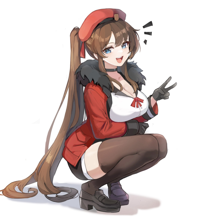 :d beret black_choker black_gloves black_shorts black_thighhighs blue_eyes breasts brown_hair choker cleavage coat collarbone commentary commission female_commander_(girls'_frontline) fur-trimmed_coat fur_trim girls'_frontline gloves god284777 griffin_&amp;_kryuger_military_uniform hat highres large_breasts long_hair looking_at_viewer open_mouth ponytail red_coat red_headwear shirt shorts simple_background smile squatting thighhighs v very_long_hair white_background white_shirt