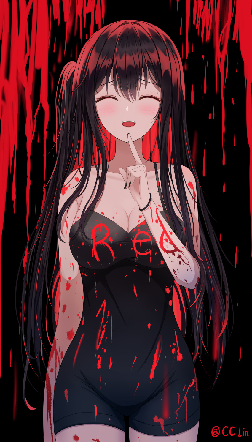 1girl :d ^_^ absurdres arm_at_side armpit_crease bare_shoulders black_background black_hair black_nails black_wristband blood blood_on_breasts blood_on_clothes blood_on_face blood_on_hands blood_on_leg blood_splatter blood_writing blush breasts cc_lin chinese_commentary cleavage closed_eyes collarbone colored_eyelashes commentary_request cowboy_shot double-parted_bangs dress eyelashes facing_viewer finger_to_own_chin groin hair_between_eyes hair_over_breasts hand_up highres index_finger_raised large_breasts lips long_hair nail_polish open_mouth original pixiv_username side_ponytail skin_tight smile solo standing straight-on straight_hair strapless strapless_dress teeth upper_teeth_only very_long_hair