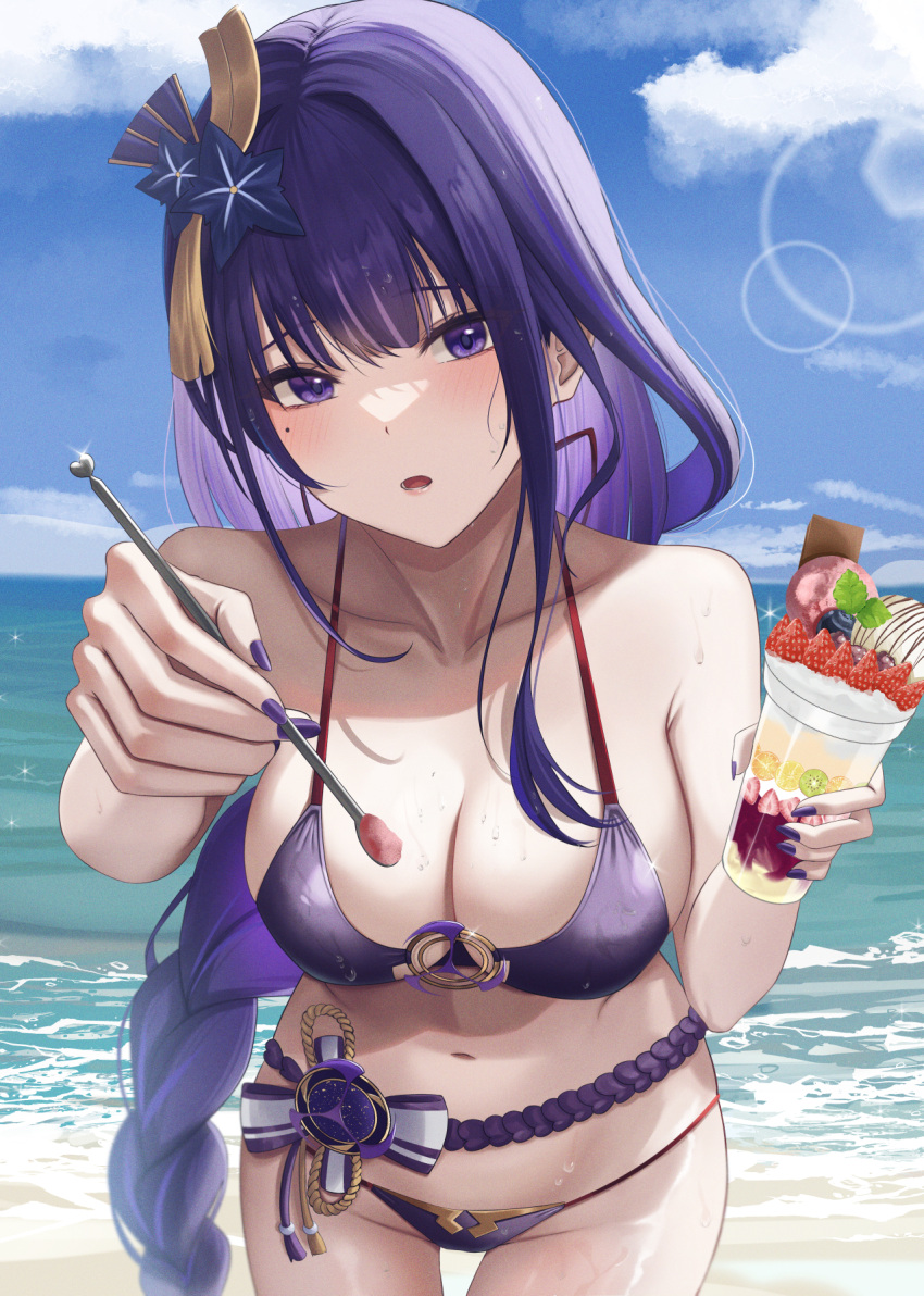 1girl bare_shoulders bikini blush braid braided_ponytail breasts collarbone genshin_impact hair_ornament highres holding long_hair looking_at_viewer mole mole_under_eye nail_polish navel ocean outdoors parted_lips purple_bikini purple_eyes purple_hair purple_nails raiden_shogun solo swimsuit vision_(genshin_impact) water yamikyon