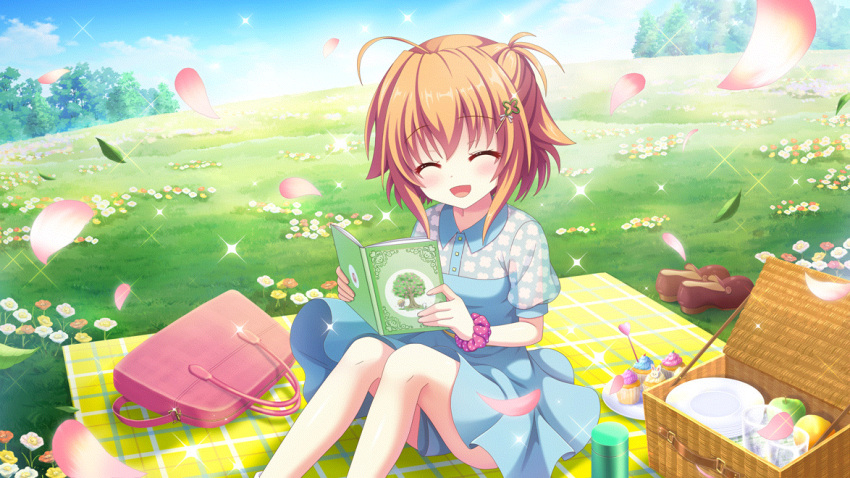 1girl ahoge apple bag blanket blue_dress blue_skirt blue_sky book brown_footwear buttons cherry_blossoms closed_eyes collar cup cupcake day dot_nose dress drinking_glass field film_grain floral_print flower food fruit game_cg grass hair_ornament hairclip handbag heart holding holding_book izumi_tsubasu leaf light_brown_hair non-web_source official_art on_ground open_book open_mouth orange_(fruit) outdoors petals picnic picnic_basket pink_bag pink_scrunchie plate plate_stack re:stage! scrunchie shikimiya_mana shoes shoes_removed short_hair sitting skirt sky smile solo sparkle thermos tree wind wrist_scrunchie