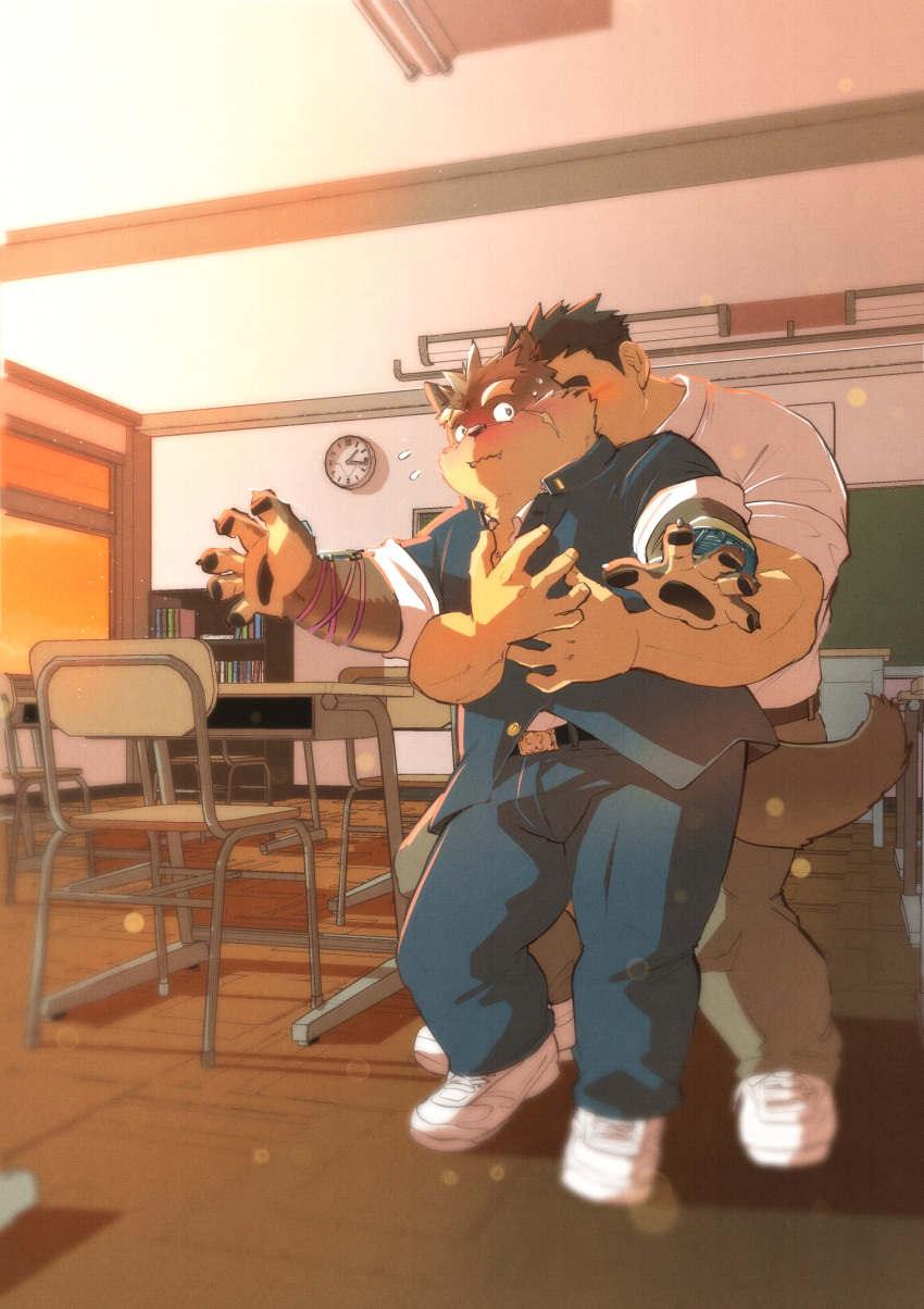 2boys animal_ears bara blush brown_fur bulge classroom desk dog_boy dog_ears fangs flying_sweatdrops furry furry_male furry_with_non-furry gakuran highres hug hug_from_behind interspecies inutora08 male_focus moritaka_(housamo) multiple_boys muscular muscular_male outstretched_arms plump protagonist_3_(housamo) school_desk school_uniform shirt shoes short_hair shy sideburns smile sneakers standing surprise_hug thick_eyebrows tokyo_afterschool_summoners wavy_mouth yaoi