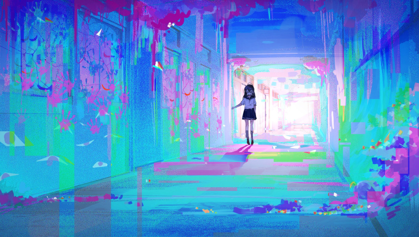 1girl abstract axleaki blue_sailor_collar blue_skirt brown_hair closed_mouth colorful glasses grey_socks hair_between_eyes hallway highres indoors long_hair looking_at_viewer original paint_splatter pleated_skirt puffy_short_sleeves puffy_sleeves sailor_collar school_uniform serafuku shirt short_sleeves skirt socks solo standing static white_serafuku white_shirt wide_shot