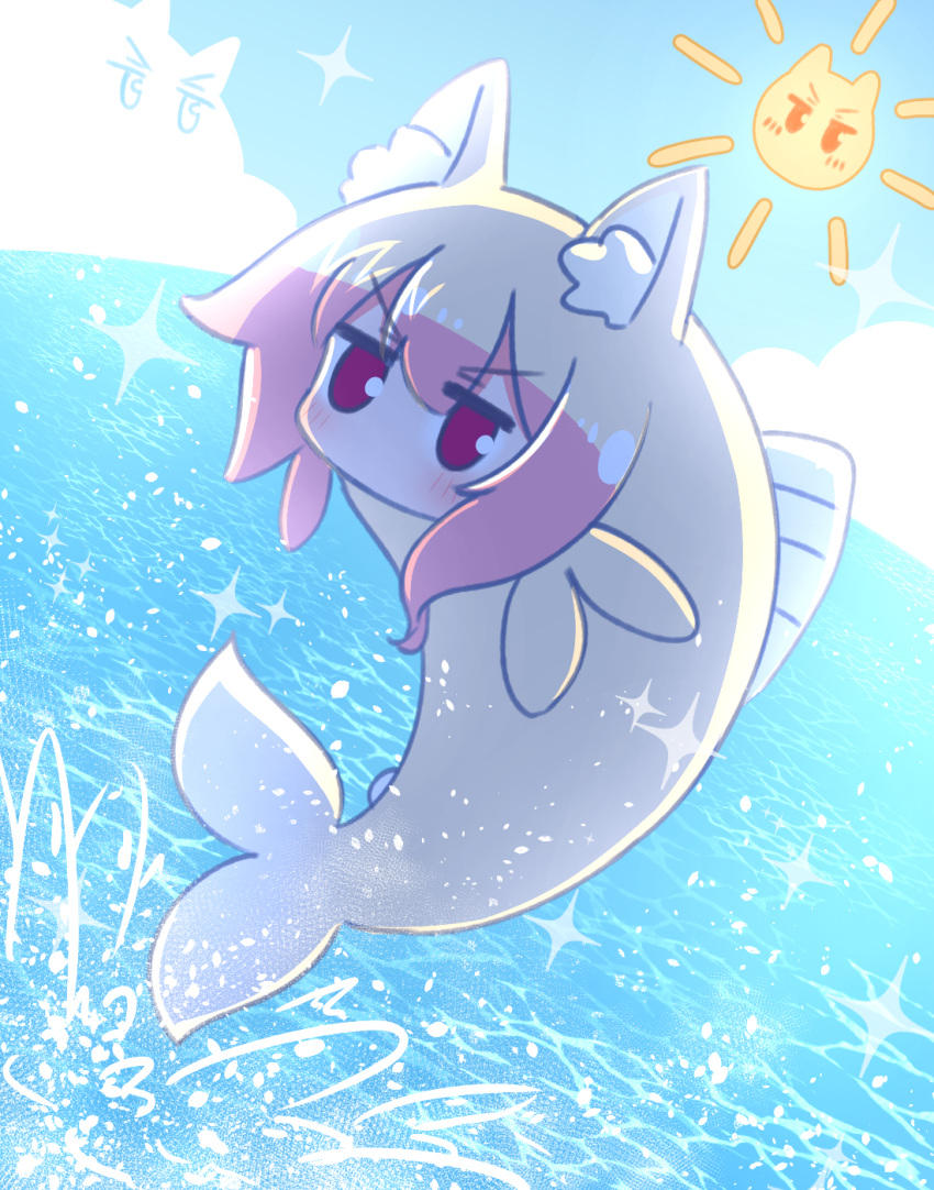 1girl animal animal_ear_fluff animal_ears animalization blonde_hair blue_sky blush cloud day fish fox_ears fox_tail hair_between_eyes highres kemomimi-chan_(naga_u) looking_at_viewer naga_u ocean original outdoors purple_eyes sky solo sparkle splashing sun_symbol tail v-shaped_eyebrows water