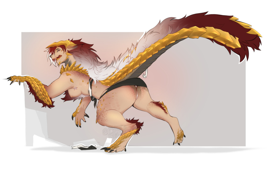 anthro breasts butt capcom claws clothing fanged_wyvern female hair hi_res horn human_to_anthro long_tail mid_transformation monster_hunter nipples red_hair scalie solo species_transformation sweetburn tail torn_clothing transformation zinogre