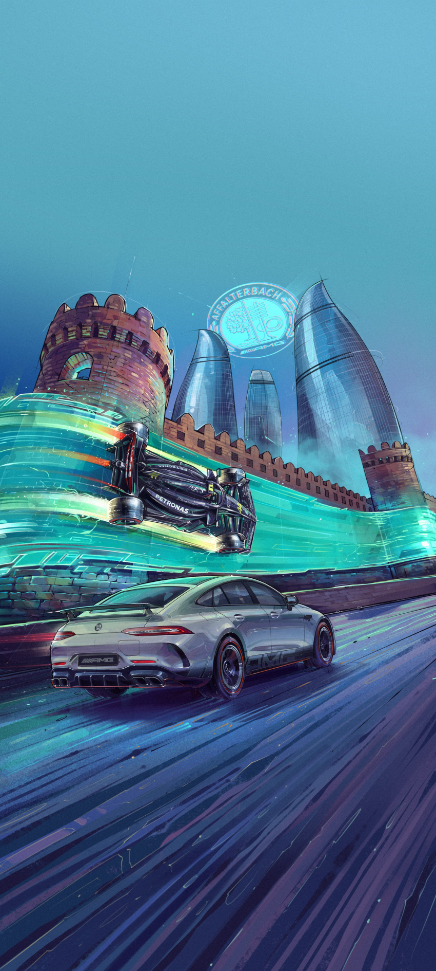 1boy absurdres andrew_mytro baku_(azerbaijan) car castle english_commentary formula_one highres lewis_hamilton mercedes-benz mercedes-benz_amg_gt_4-door_coupe motor_vehicle night night_sky official_art outdoors race_vehicle racecar real_life sky spoiler_(automobile) vehicle_focus