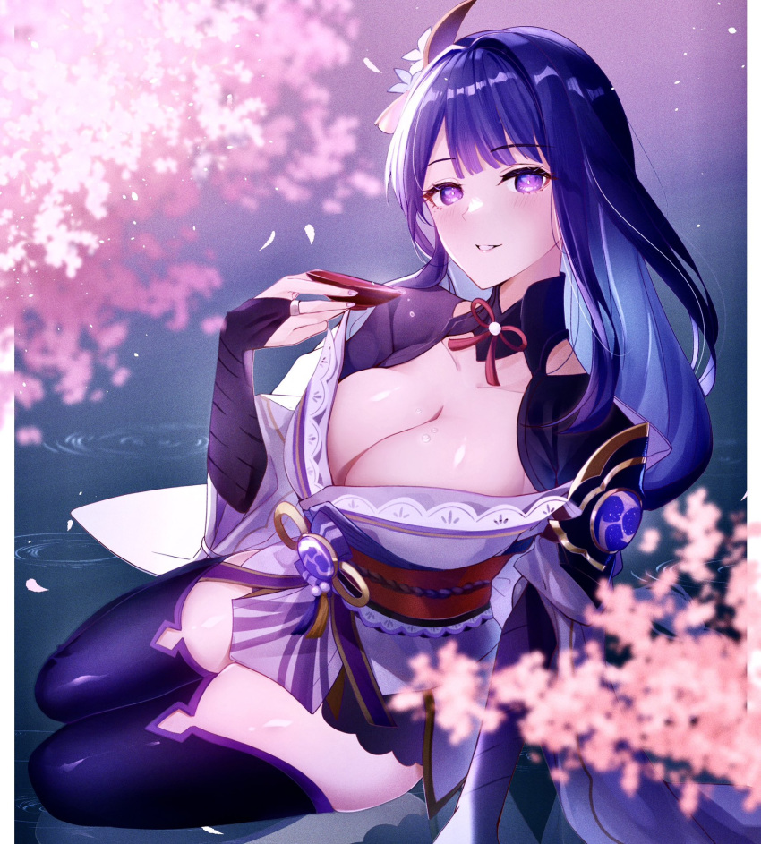 1girl alcohol breasts bridal_gauntlets cleavage cup genshin_impact hair_ornament highres japanese_clothes kimono kmes_niku large_breasts long_hair looking_at_viewer open_mouth purple_eyes purple_hair purple_kimono raiden_shogun sakazuki sake solo zettai_ryouiki