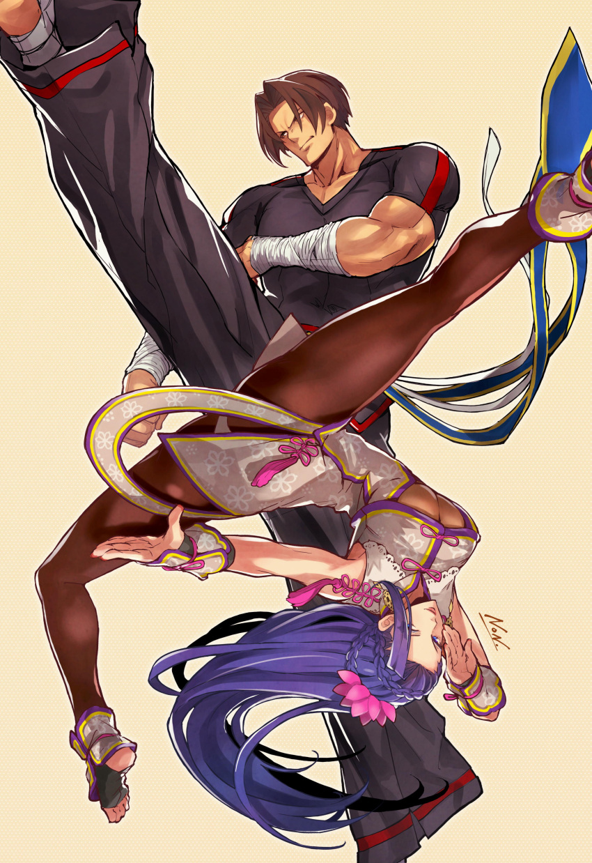 1boy 1girl absurdres bandages bare_shoulders barefoot black_hair breasts brown_hair chinese_clothes curtained_hair dress earrings fatal_fury flower gloves hair_flower hair_ornament high_kick highres jewelry kicking kim_kaphwan kujou_non large_breasts leggings lipstick long_hair looking_at_viewer luong makeup mole mole_under_eye muscular nail_polish pants pantyhose purple_eyes short_hair simple_background smile snk the_king_of_fighters the_king_of_fighters_xv toeless_legwear toenail_polish toenails