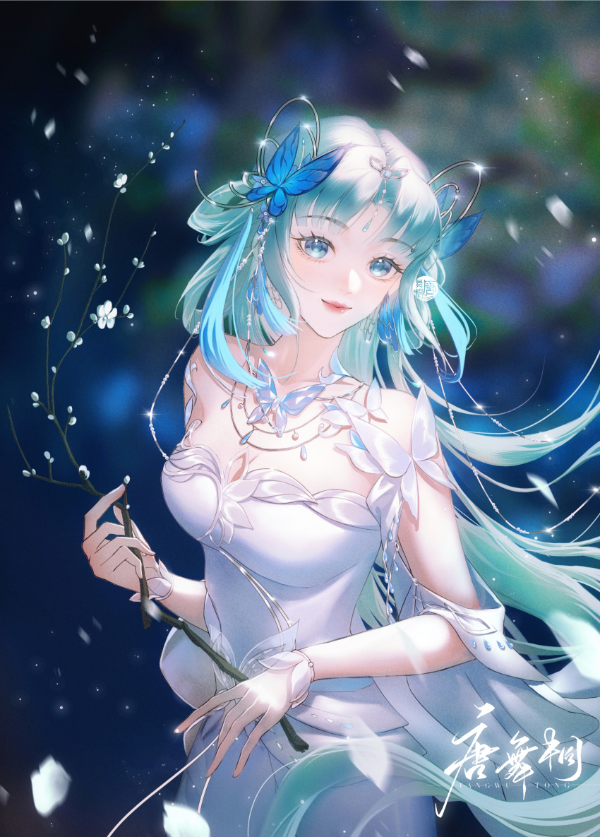 1girl absurdres artist_request bare_shoulders blue_eyes blue_hair bracelet branch butterfly_hair_ornament closed_mouth douluo_dalu dress glint hair_ornament hair_rings highres holding holding_branch jewelry long_hair necklace second-party_source smile solo tang_wutong_(douluo_dalu) tassel tassel_hair_ornament upper_body white_dress
