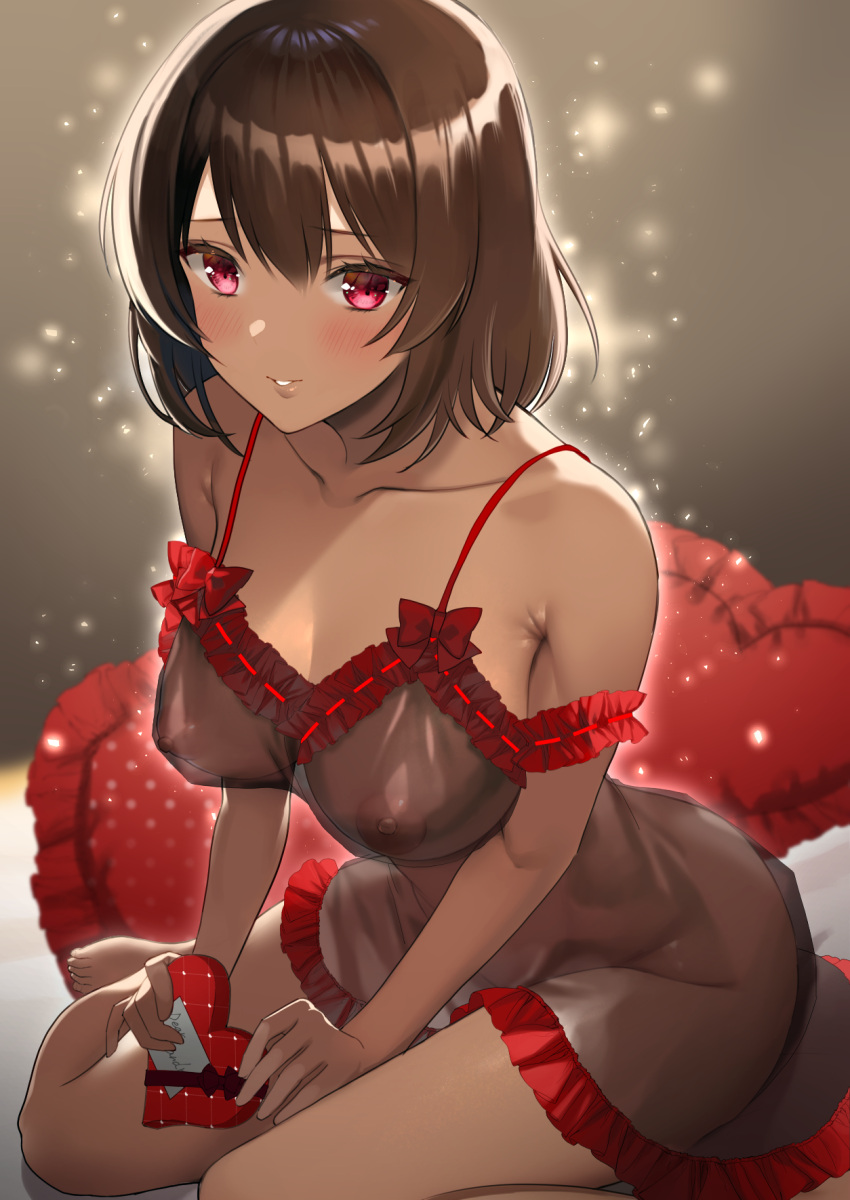 1girl babydoll barefoot blush box boyon_(oooboyon5) breasts brown_hair collarbone dark-skinned_female dark_skin frilled_babydoll gift heart heart-shaped_box heart_pillow highres holding holding_gift large_breasts light_particles medium_hair nipples original parted_lips pillow red_eyes see-through see-through_babydoll sharifah_ozdil smile solo toes