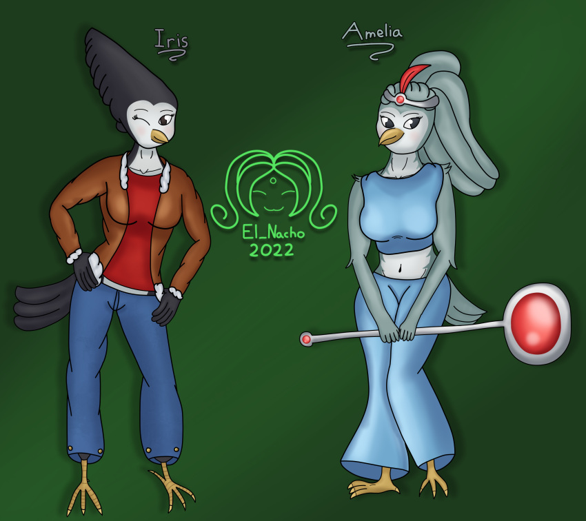 2022 absurd_res amelia_(el_nacho) anthro avian avian_feet beak bird black_body black_feathers blue_bottomwear blue_clothing blue_crop_top blue_pants bottomwear breast_size_difference breasts brown_clothing brown_jacket brown_topwear circlet clothing countershade_face countershade_feathers countershade_neck countershading crop_top denim denim_clothing digital_drawing_(artwork) digital_media_(artwork) duo el_nacho feather_hair feathers female gem green_body green_feathers hi_res iris_(el_nacho) jacket jeans one_eye_closed pants pseudo_hair red_clothing red_shirt red_topwear ruby_(gem) shaded shirt signature silver_(metal) simple_background staff starbound tail_feathers text topwear white_body white_feathers wink