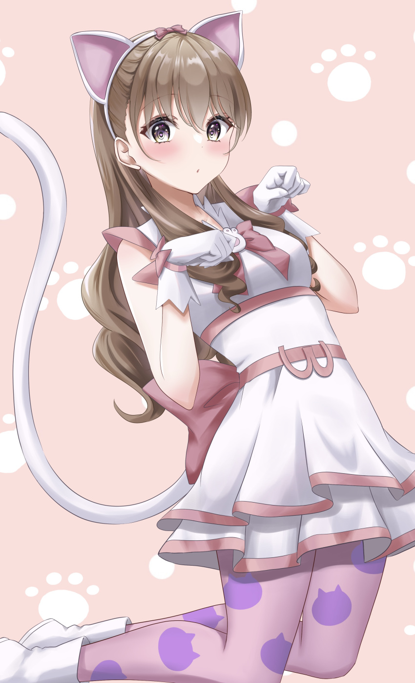 1girl :o absurdres alternate_hairstyle animal_ears blush brown_eyes brown_hair cat_ears cat_tail commission dress fake_animal_ears fake_tail gloves highres long_hair nakayama_chiyoko open_mouth paw_print pink_background pink_ribbon pixiv_commission ribbon shugo_chara! tail wavy_hair white_dress white_gloves yuzu_hirari