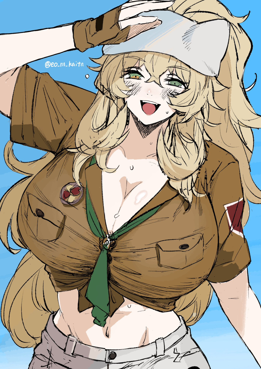 1girl abs barghest_(fate) barghest_(swimsuit_archer)_(fate) blonde_hair breasts cleavage fate/grand_order fate_(series) green_eyes grey_headwear grey_skirt hat high_ponytail highres huge_breasts kaita_(mokamilkcup) long_hair looking_at_viewer midriff navel neckerchief open_mouth shirt short_sleeves sidelocks skirt smile solo thighs tied_shirt yellow_shirt