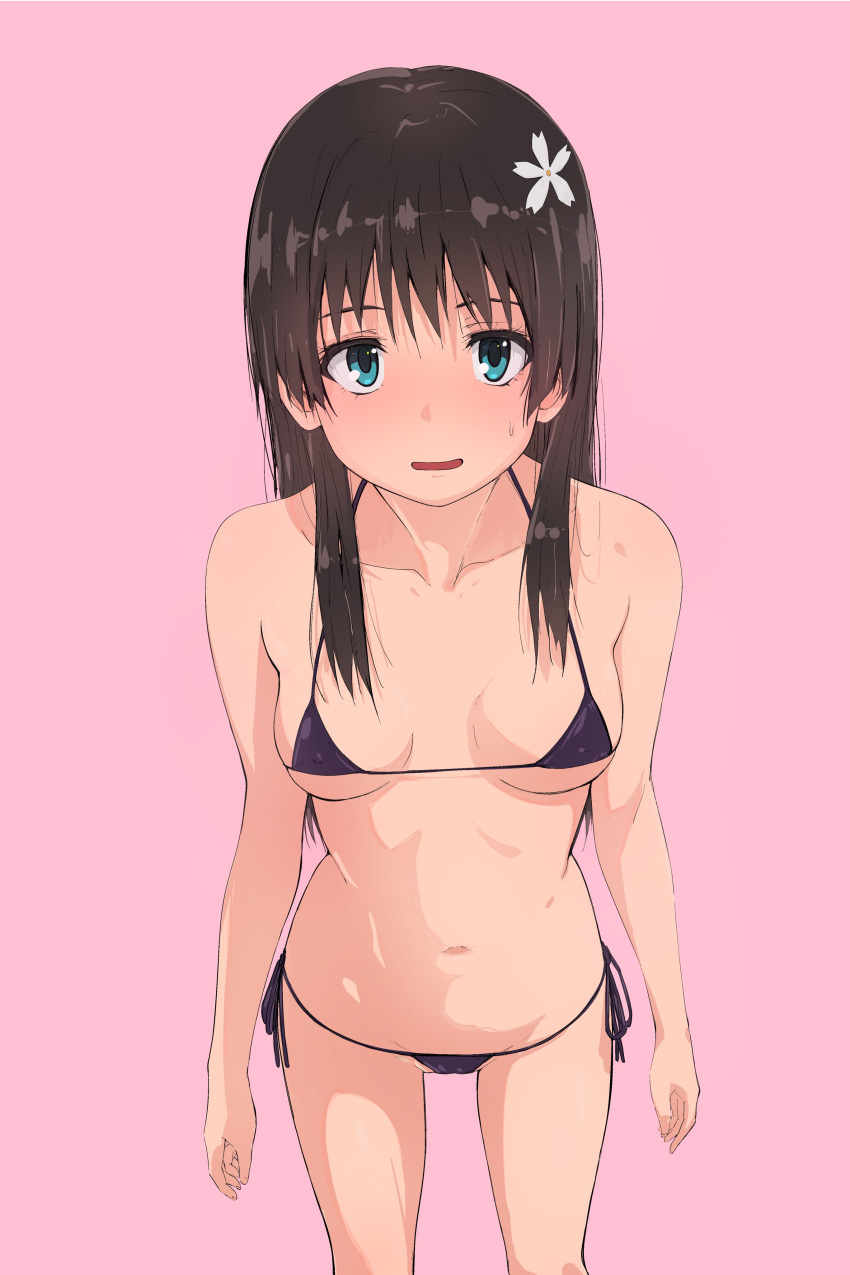 1girl absurdres bikini black_bikini black_hair blue_eyes blush breasts cleavage collarbone cowboy_shot flower groin hair_between_eyes hair_flower hair_ornament highres light_blush long_hair looking_at_viewer micro_bikini musaki_(msaki666) navel open_mouth pink_background saten_ruiko sidelocks simple_background small_breasts solo standing swimsuit thigh_gap toaru_kagaku_no_railgun toaru_majutsu_no_index