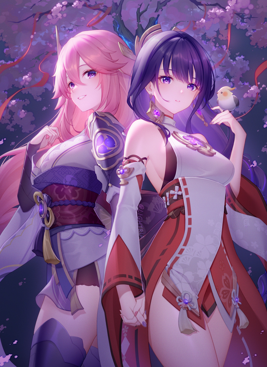 2girls animal_ears bare_shoulders bird blush braid braided_ponytail breasts bridal_gauntlets cleavage cosplay detached_sleeves earrings fox_ears genshin_impact grin hair_ornament highres japanese_clothes jewelry kimono large_breasts lightria long_hair long_sleeves looking_at_viewer mole mole_under_eye multiple_girls necklace obi off_shoulder pendant pink_hair purple_eyes purple_hair purple_kimono raiden_shogun raiden_shogun_(cosplay) red_skirt sash shrug_(clothing) sidelocks skirt sleeveless smile solo_focus very_long_hair wide_sleeves yae_miko yae_miko_(cosplay)