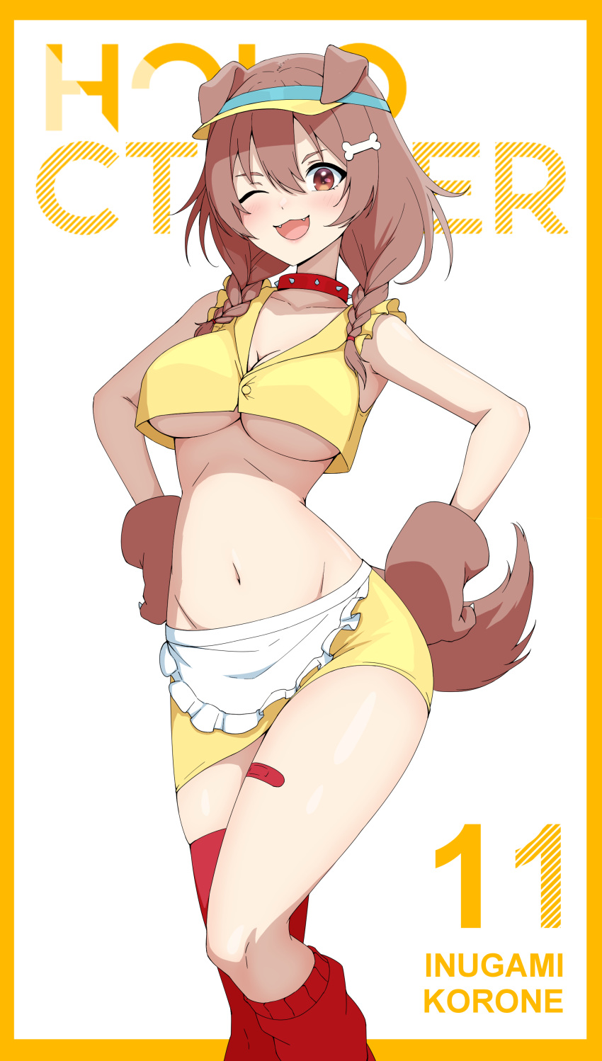 1girl :3 absurdres animal_ears animal_hands apron bandaid bare_shoulders bone_hair_ornament braid breasts brown_eyes brown_hair cartoon_bone cleavage collar contrapposto crop_top daydarion dog_ears dog_girl dog_tail doggy_god's_street fangs feet_out_of_frame gloves groin hair_ornament hands_on_own_hips highres hololive inugami_korone long_hair looking_at_viewer loose_socks low_twin_braids medium_breasts midriff numbered one_eye_closed open_mouth paw_gloves red_collar red_socks simple_background smile socks solo spiked_collar spikes tail twin_braids underboob virtual_youtuber visor_cap waist_apron