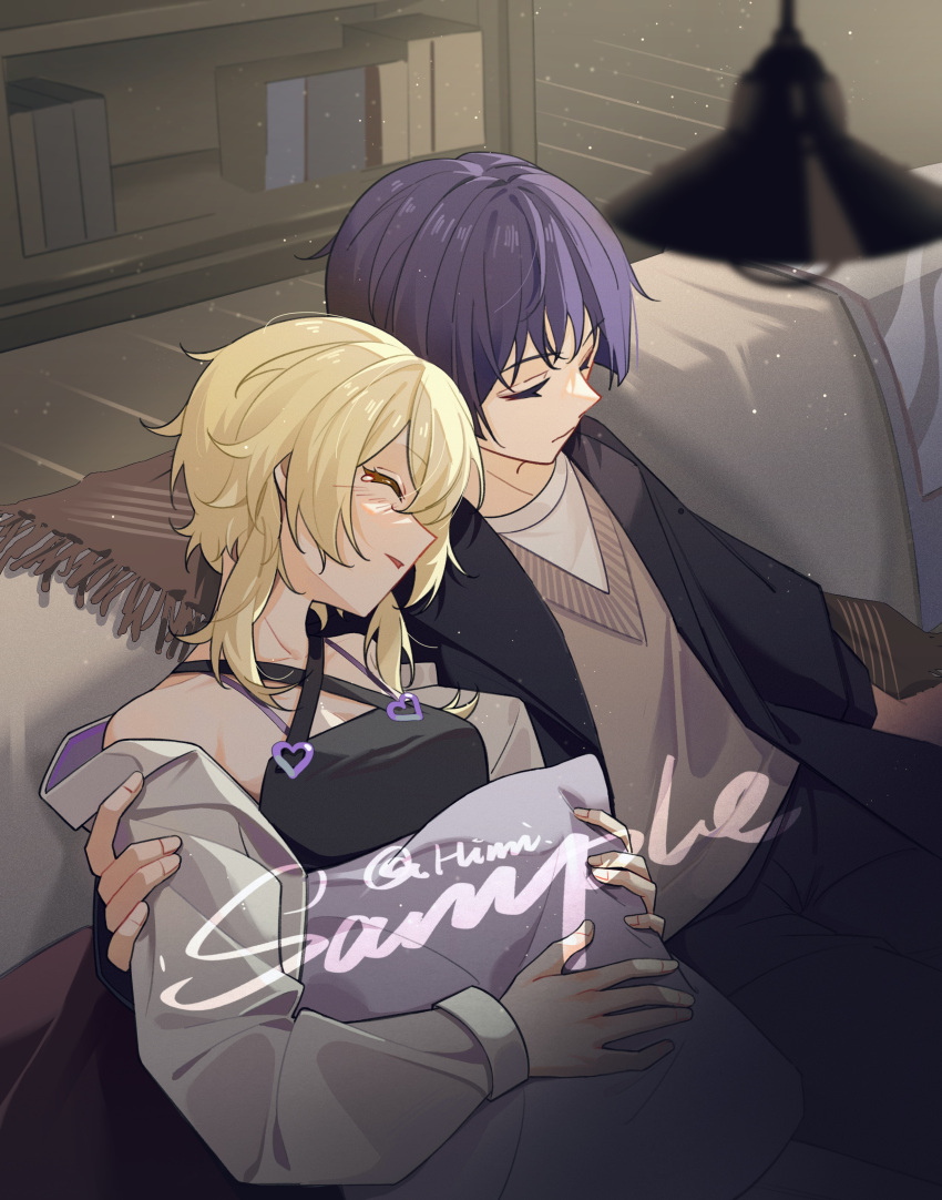 1boy 1girl absurdres alternate_costume artist_name black_dress black_jacket black_pants blonde_hair blunt_ends blurry blush book bookshelf breasts brown_vest closed_eyes closed_mouth couch dress fingernails floor genshin_impact hair_between_eyes hand_up hands_up heimi_(himi) hetero highres holding indoors jacket lamp light long_sleeves lumine_(genshin_impact) medium_breasts no_headwear on_couch open_clothes open_jacket open_mouth open_shirt pants pillow puffy_long_sleeves puffy_sleeves purple_hair sample_watermark scaramouche_(genshin_impact) shirt short_hair short_hair_with_long_locks sidelocks sitting sleeping smile t-shirt vest wall white_shirt wide_sleeves