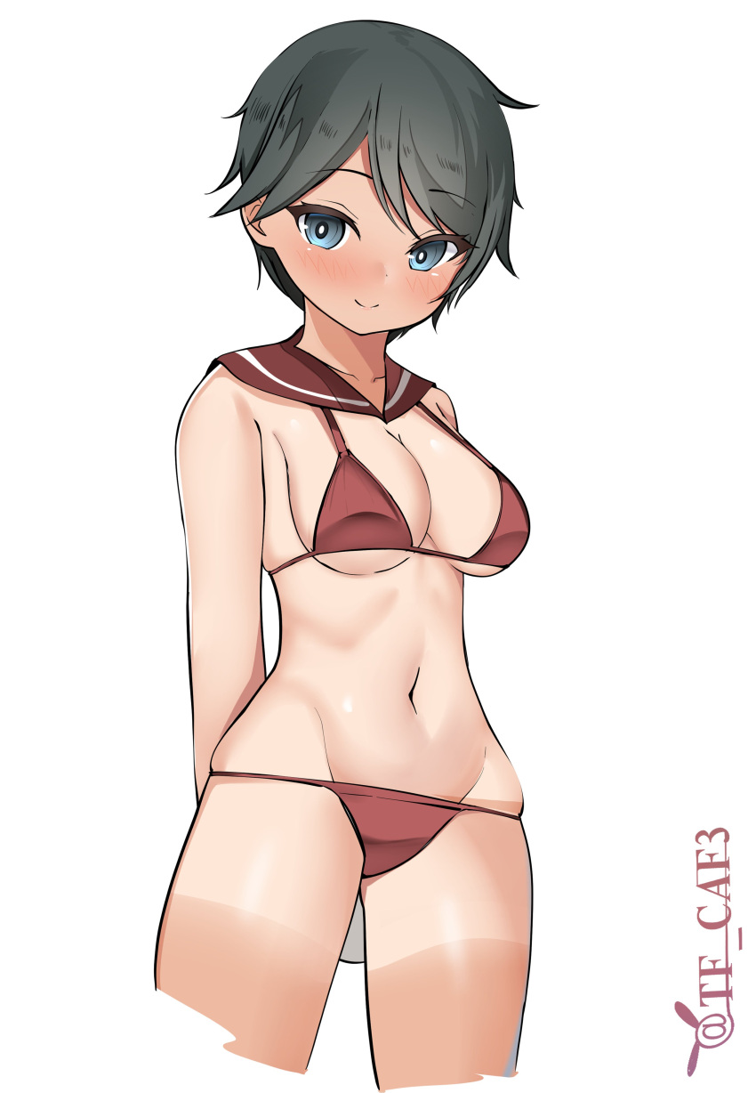 absurdres arms_behind_back bikini black_hair blue_eyes breasts brown_bikini brown_sailor_collar cleavage cowboy_shot cropped_legs highres kantai_collection looking_at_viewer medium_breasts mogami_(kancolle) one-hour_drawing_challenge sailor_collar short_hair shorts_tan smile swept_bangs swimsuit tan tanlines tf_cafe twitter_username
