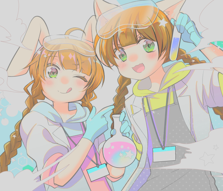 2girls animal_ear_fluff animal_ears apron blue_gloves braid cat_ears cat_girl flask gloves goggles goggles_on_head green_eyes grey_apron holding holding_flask holding_test_tube hood hoodie keiri_org lab_coat licking_lips long_braid mimi_(pop'n_music) multiple_girls name_tag nyami_(pop'n_music) one_eye_closed pink_apron pop'n_music rabbit_ears rabbit_girl reckless3 round-bottom_flask test_tube tongue tongue_out twin_braids