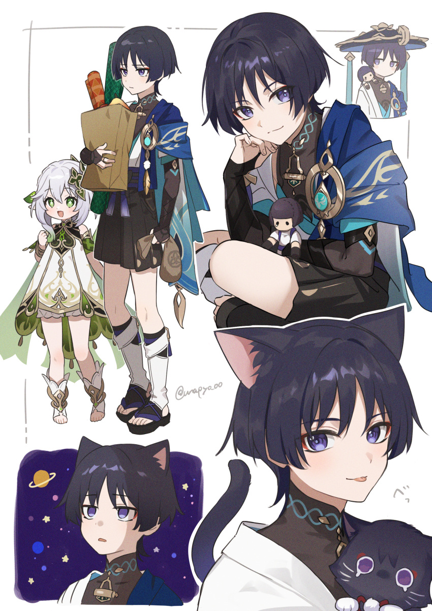 1boy 1girl absurdres animal_ears animalization armor bag black_hair cat cat_ears cat_tail dress eyeshadow genshin_impact green_eyes green_hair grey_hair hair_ornament hat highres holding holding_bag japanese_armor jingasa kote kurokote long_hair looking_at_viewer makeup mandarin_collar multiple_views nahida_(genshin_impact) open_mouth paper_bag parted_lips pointy_ears purple_eyes red_eyeshadow scaramouche_(cat)_(genshin_impact) scaramouche_(genshin_impact) simple_background standing tail toeless_footwear toenails toes tongue twitter_username unapoppo vision_(genshin_impact) wanderer_(genshin_impact)