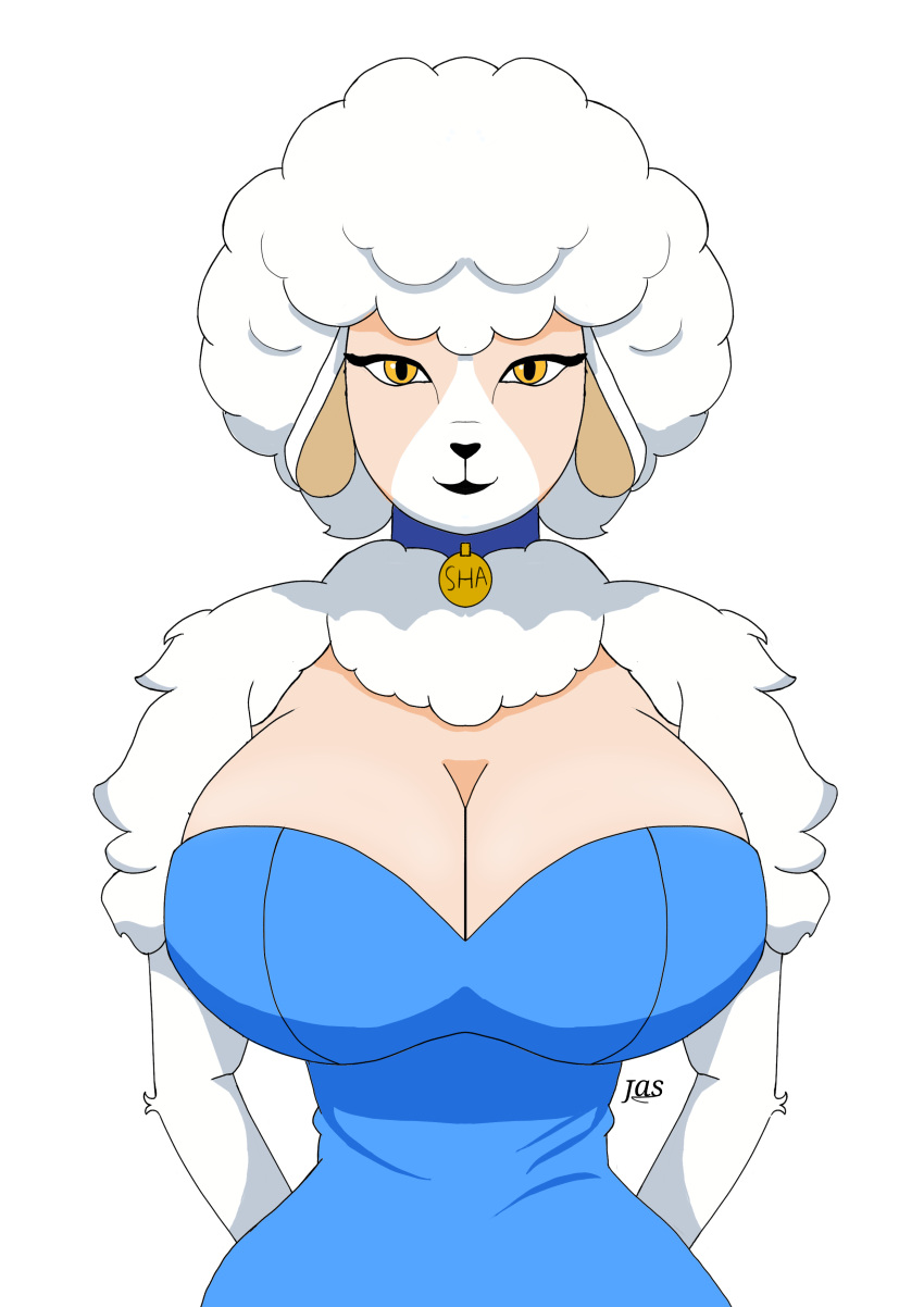 absurd_res accessory animatronic anthro anuvisur_(artist) big_breasts blush bovid breasts caprine clothed clothing collar digital_media_(artwork) dress female fur hair happy hi_res huge_breasts looking_at_viewer machine mammal mature_anthro mature_female open_mouth robot sha_(twf) sheep simple_background smile solo the_walten_files thick_thighs topwear white_background white_body white_fur wool_(fur)