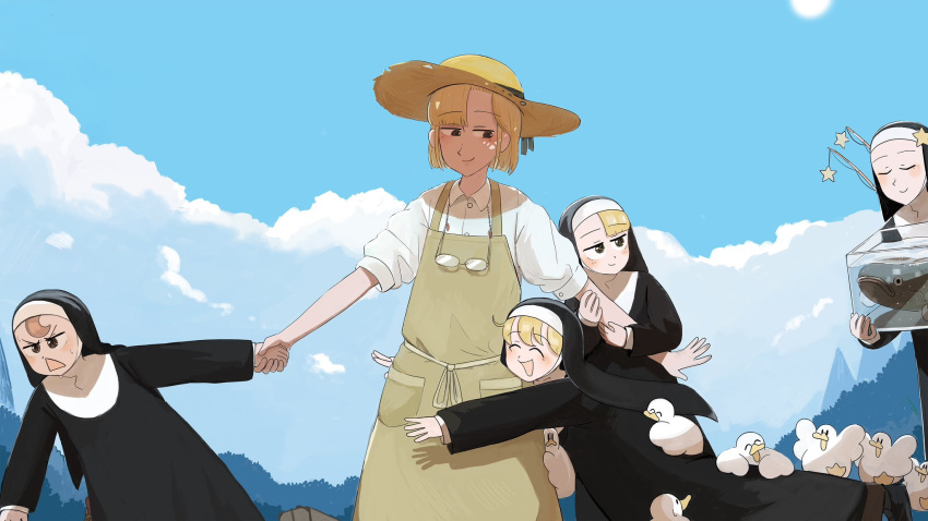 5girls bird blonde_hair brown_eyes brown_hair catfish catholic chicken cloud cloudy_sky clumsy_nun_(diva) diva_(hyxpk) duck english_commentary eyewear_around_neck eyewear_removed fish fishing_rod froggy_nun_(diva) glasses habit hat highres holding_hands hug little_nuns_(diva) multiple_girls nun outdoors shirt short_hair sky smile spicy_nun's_mother_(diva) spicy_nun_(diva) star_nun_(diva) star_ornament sun_hat traditional_nun triangle_mouth white_shirt