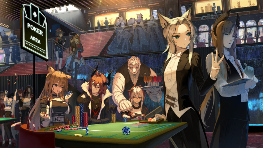 6+boys 6+girls alcohol amiya_(arknights) animal animal_ear_fluff animal_ears arknights arms_up beanie bird black_dress black_jacket black_pants black_shirt black_skirt black_vest blemishine_(arknights) blonde_hair bow bowtie breasts brown_hair card ceobe_(arknights) chair champagne champagne_flute character_request cleavage clothed_animal collared_shirt commentary_request cup dress dress_shirt drinking_glass facial_mark forehead forehead_mark furry furry_male green_eyes hair_between_eyes hand_on_another's_shoulder hat highres holding holding_card holding_tray horns horse_ears horse_girl horse_tail indoors jacket jessica_(arknights) kal'tsit_(arknights) long_hair long_sleeves medium_breasts multicolored_hair multiple_boys multiple_girls nearl_(arknights) on_chair open_clothes open_jacket pants parted_bangs penguin pi_(p77777778) playing_card poker_chip poker_table ponytail popukar_(arknights) puffy_long_sleeves puffy_sleeves red_dress red_eyes red_hair saga_(arknights) shirt sitting skirt stairs streaked_hair suitcase table tablet_pc tail the_emperor_(arknights) throwing tray very_long_hair vest w_(arknights) whislash_(arknights) white_bow white_bowtie white_dress white_hair white_headwear white_shirt