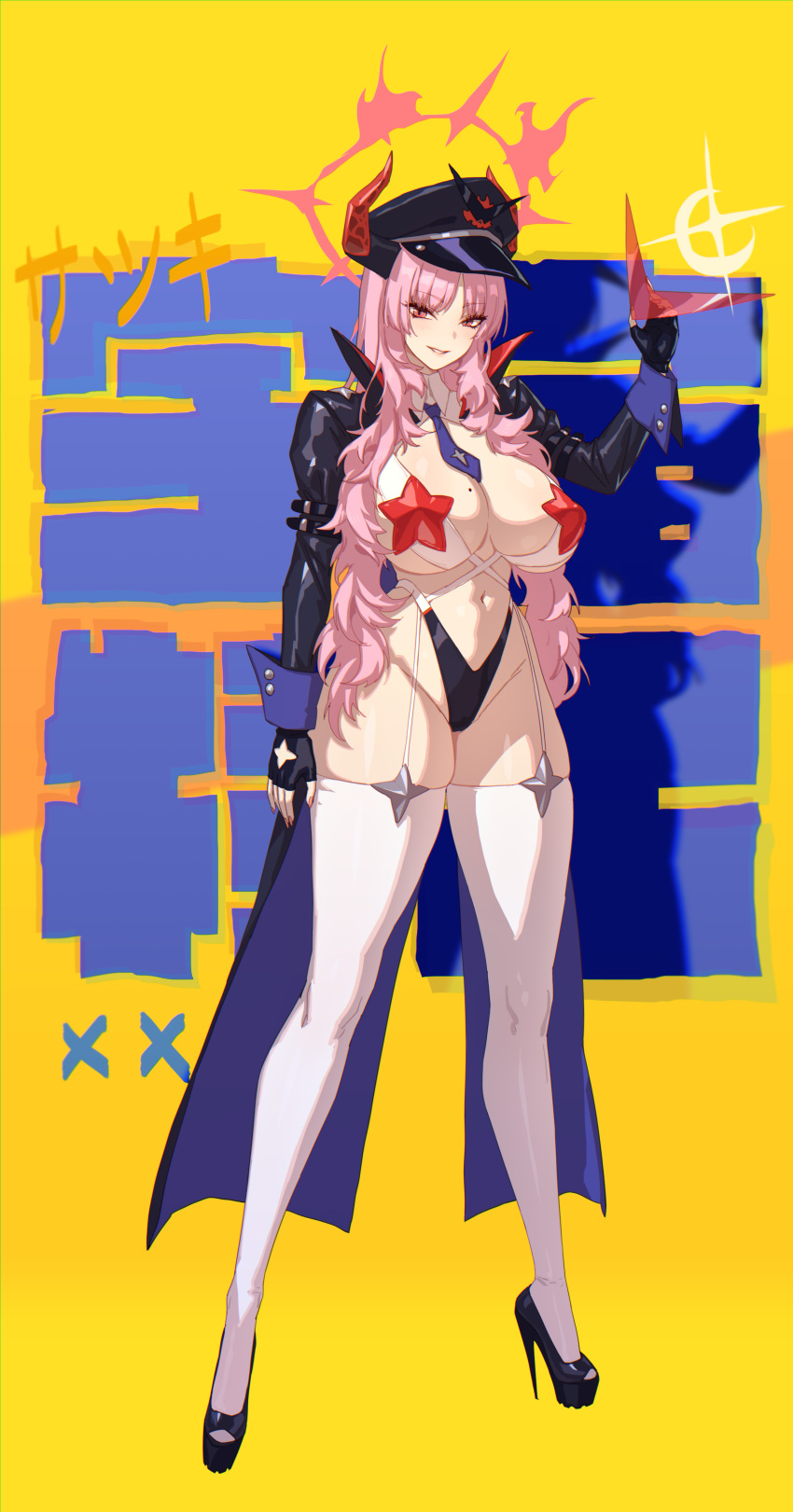 1girl absurdres bikini black_footwear blue_archive breasts cleavage fingerless_gloves full_body garter_straps gloves grin groin halo hat high_heels highres horns long_hair looking_at_viewer mole mole_on_breast navel necktie pink_eyes pink_hair rekaerb_maerd satsuki_(blue_archive) shrug_(clothing) smile solo swimsuit tengen_toppa_gurren_lagann thighhighs white_thighhighs