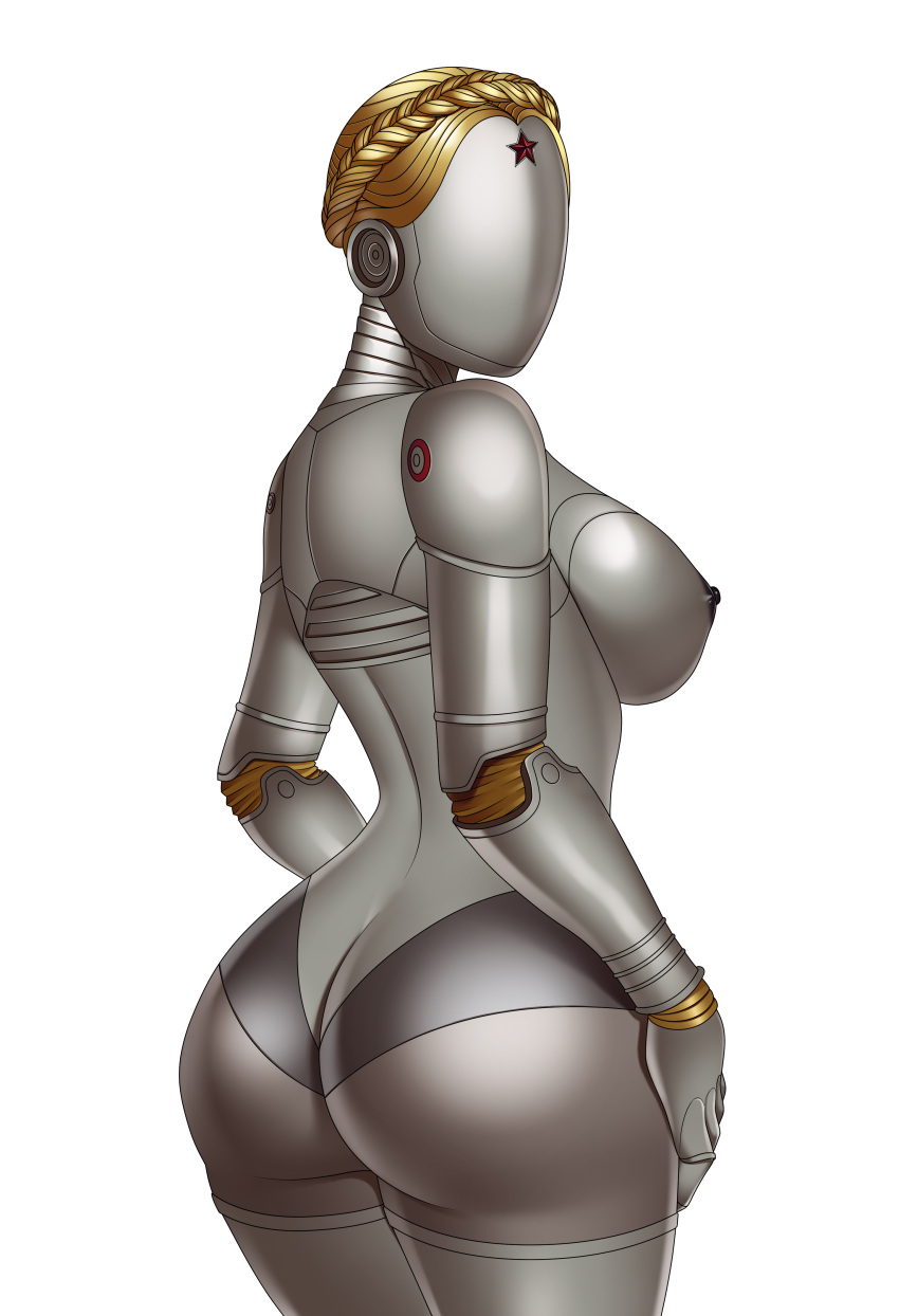 2023 absurd_res android atomic_heart blonde_hair breasts butt dreadlocks faceless female folk-dude-philip hair hi_res humanoid machine metal metallic_body nipples nude outside red_star reflection reflective_body right_(atomic_heart) robot robot_ears short_hair silver_body solo star the_twins_(atomic_heart)