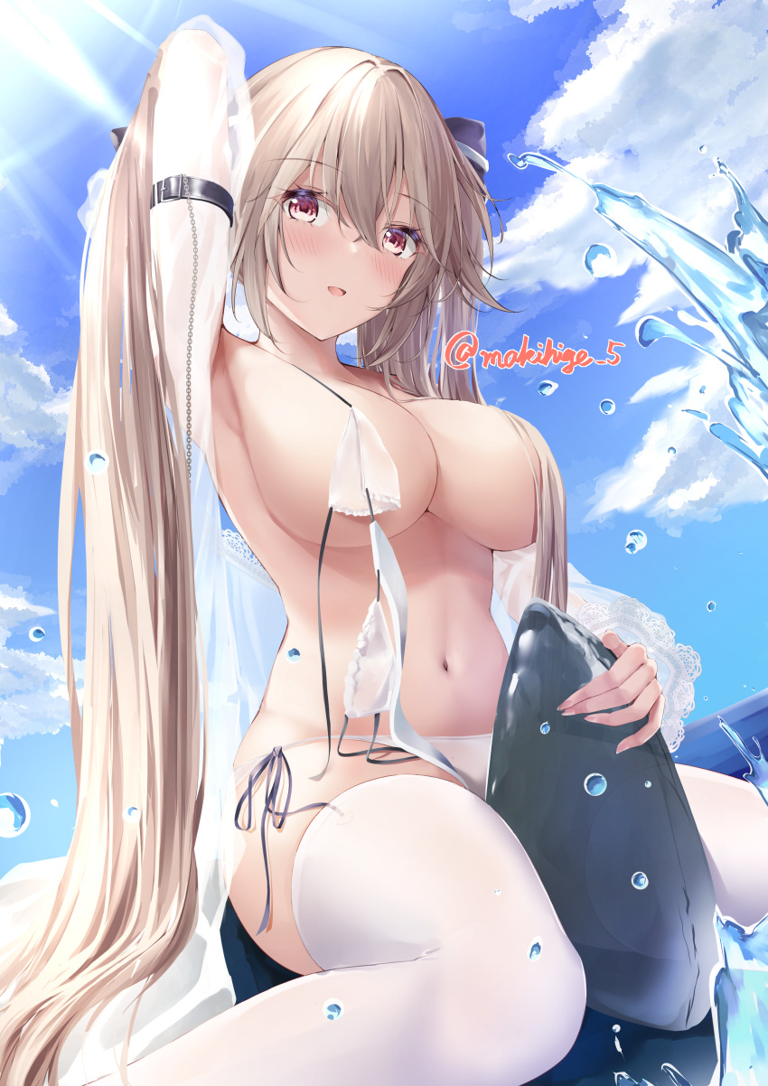 1girl :d absurdres anchorage_(azur_lane) arm_up armpits azur_lane bikini black_ribbon blue_sky blush breasts brown_eyes brown_hair buckle cleavage convenient_censoring day hair_censor hair_over_breasts hair_over_one_breast highres inflatable_toy large_breasts long_hair long_sleeves looking_at_viewer makihige navel one_breast_out open_mouth outdoors ribbon see-through side-tie_bikini_bottom sitting sky smile solo splashing swimsuit thighhighs twintails twitter_username untied untied_bikini very_long_hair water white_thighhighs