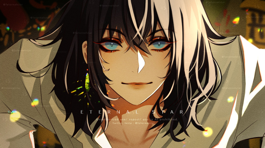 1boy 1eternalstar absurdres black_hair blue_eyes closed_mouth collarbone crossed_bangs earrings gem green_gemstone hair_between_eyes highres howl_(howl_no_ugoku_shiro) howl_no_ugoku_shiro jewelry lips long_sleeves looking_at_viewer male_focus medium_hair shirt single_earring solo white_shirt