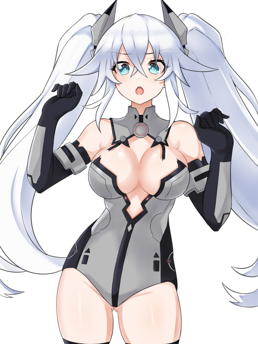 1girl bare_shoulders black_heart blush breasts cleavage elbow_gloves gloves green_eyes highres kami_jigen_game_neptune_v leotard long_hair looking_at_viewer medium_breasts neptune_(series) open_mouth power_symbol solo surprised symbol-shaped_pupils twintails very_long_hair white_hair zatsu