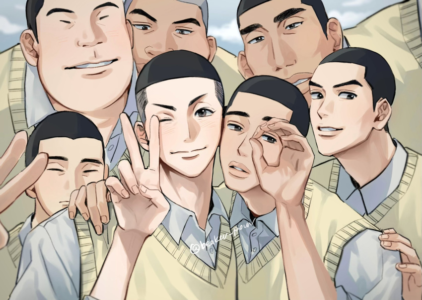 1boy 6+boys beaker_pour black_eyes black_hair blush buzz_cut closed_eyes closed_mouth dark-skinned_male dark_skin fukatsu_kazunari grey_shirt group_picture hand_on_another's_shoulder highres ichinokura_satoshi kawata_masashi kawata_mikio looking_at_viewer male_focus matsumoto_minoru multiple_boys nobe_masahiro sawakita_eiji shirt short_hair slam_dunk_(series) solo sweater_vest undercut upper_body v very_short_hair yellow_sweater_vest