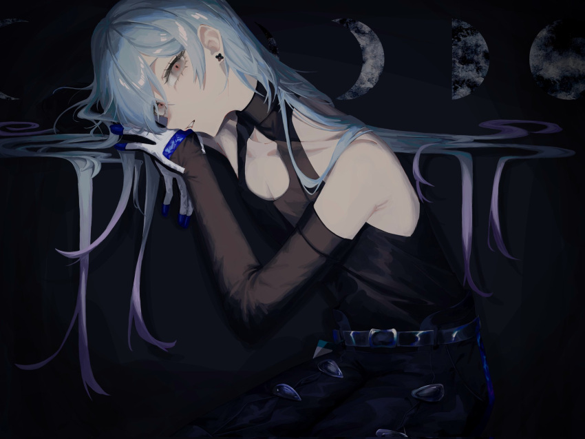 1boy arknights bare_shoulders black_background black_pantyhose black_sleeves black_tank_top blue_hair collarbone commentary cowboy_shot crossed_arms detached_sleeves earrings gradient_hair hair_spread_out highres jewelry light_blue_hair long_hair looking_at_viewer male_focus mizuki_(arknights) moon_phases multicolored_hair nate71762013 pantyhose parted_lips pink_hair purple_eyes railing simple_background solo tank_top tentacles