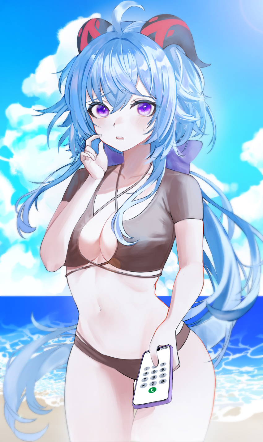 1girl absurdres ahoge black_shirt blue_hair blue_sky breasts cellphone cloud commentary_request cowboy_shot crop_top day ganyu_(genshin_impact) genshin_impact hair_between_eyes hee_(user_ykux4248) highres holding holding_phone horns long_hair looking_at_viewer medium_breasts midriff navel ocean parted_lips phone purple_eyes shirt sky smartphone solo standing stomach thighs very_long_hair water