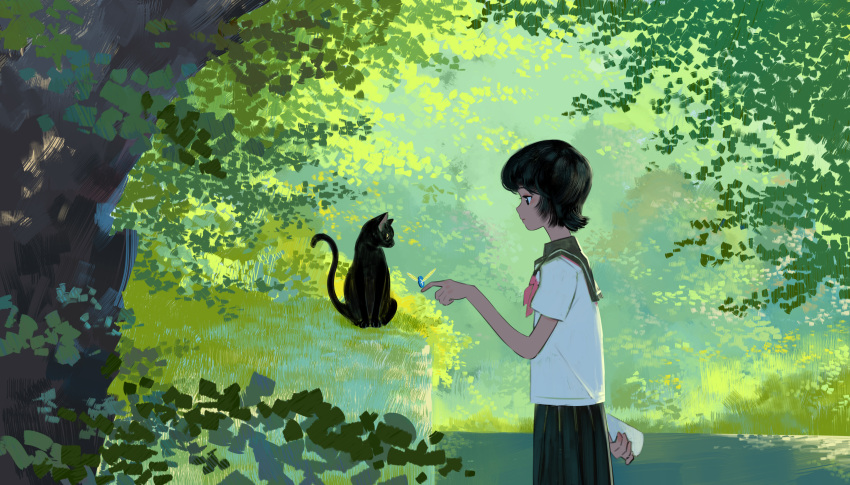 1girl arm_behind_back bangqiao_yan black_cat black_eyes black_hair black_sailor_collar black_skirt blush bush cat from_side grass highres holding_behind_back insect_on_finger long_bangs looking_at_animal nature neckerchief original plant pleated_skirt red_neckerchief sailor_collar scenery school_uniform serafuku shirt short_hair short_sleeves sidelocks skirt solo tree white_shirt