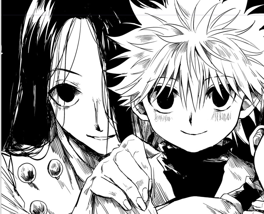 3boys black_eyes black_hair blush brothers carrying close-up gon_freecss hand_on_another's_shoulder highres hunter_x_hunter illumi_zoldyck kasukasugom1 killua_zoldyck male_focus monochrome multiple_boys out_of_frame siblings smile upper_body