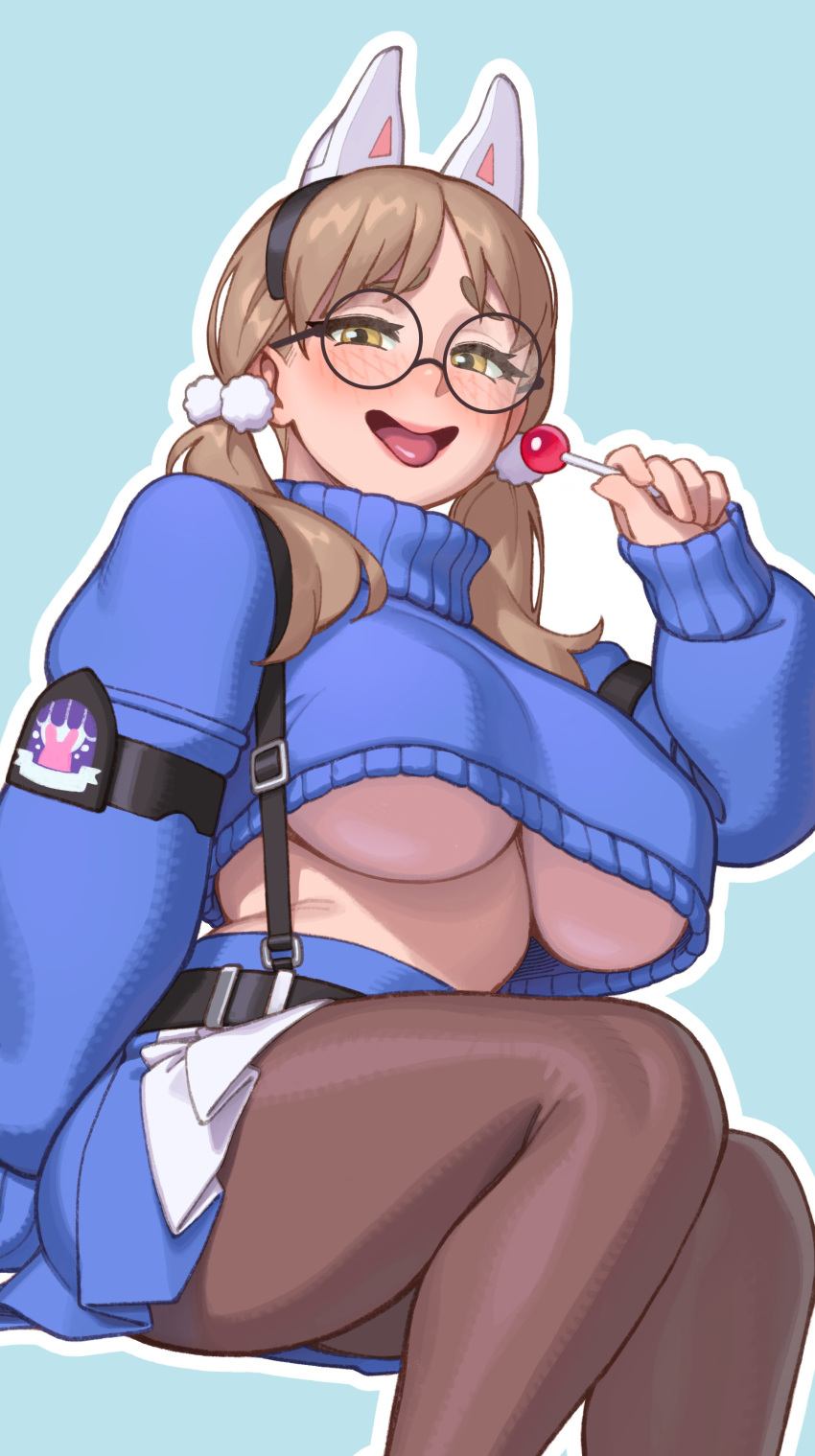 1girl absurdres blue_archive blue_skirt blue_sweater breasts candy cropped_sweater food glasses highres holding holding_candy holding_food holding_lollipop invisible_chair large_breasts light_brown_hair lollipop long_hair looking_at_viewer low_twintails moe_(blue_archive) no_halo open_mouth pantyhose riz round_eyewear sitting skirt sleeves_past_wrists smile solo sweater tongue tongue_out turtleneck turtleneck_sweater twintails two-tone_skirt underboob white_skirt