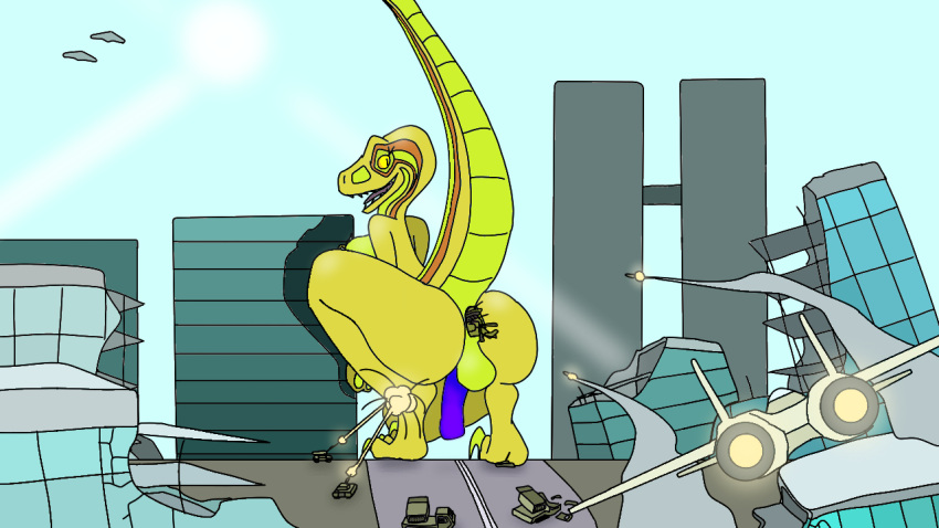 anal anal_vore anthro anus b-2 b-2_spirit balls barefoot bent_over big_breasts big_butt breasts butt c1a3 city city_crushing city_destruction claws crouching curved_penis curved_tail deinonychus destroyed_building destroyed_vehicle dinosaur dromaeosaurid f-15 f-15_eagle feet genitals glowing glowing_genitalia glowing_penis gynomorph intersex jet_fighter kaiju macro military military_vehicle penis reptile rocket satisfied scalie size_difference solo solo_focus spread_anus spread_butt spreading tank theropod thick_thighs vehicle vore wide_hips
