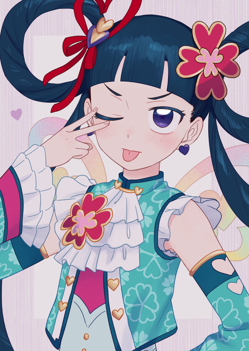 1girl absurdres akanbe ascot blue_jacket blue_sleeves blunt_bangs chinese_clothes commentary_request cropped_jacket detached_sleeves earrings eyelid_pull floral_print flower frilled_sleeves frills hair_flower hair_ornament hand_up heart heart_earrings heart_hair_ornament highres jacket jewelry kiratto_pri_chan long_hair looking_at_viewer melpan_(pri_chan) one_eye_closed pretty_(series) purple_eyes red_ribbon ribbon solo tongue tongue_out tsukiyo_michi twintails upper_body v_over_eye white_ascot