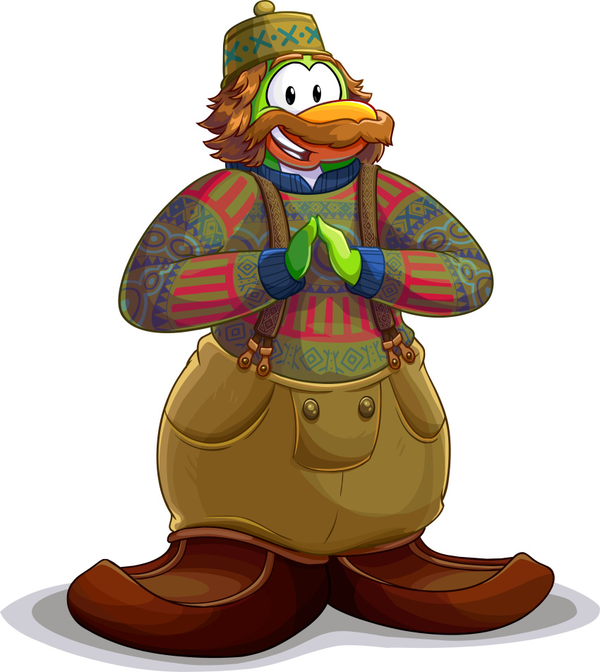 absurd_res avian bird brown_clothing brown_footwear brown_hair brown_overalls clothing club_penguin crossover disney facial_hair footwear frozen_(movie) full-length_portrait green_body hair hands_together hat headgear headwear hi_res looking_at_viewer male multicolored_clothing multicolored_shirt multicolored_topwear mustache oaken_(frozen) official_art open_mouth overalls penguin portrait shirt shoes short_hair solo teeth topwear unknown_artist