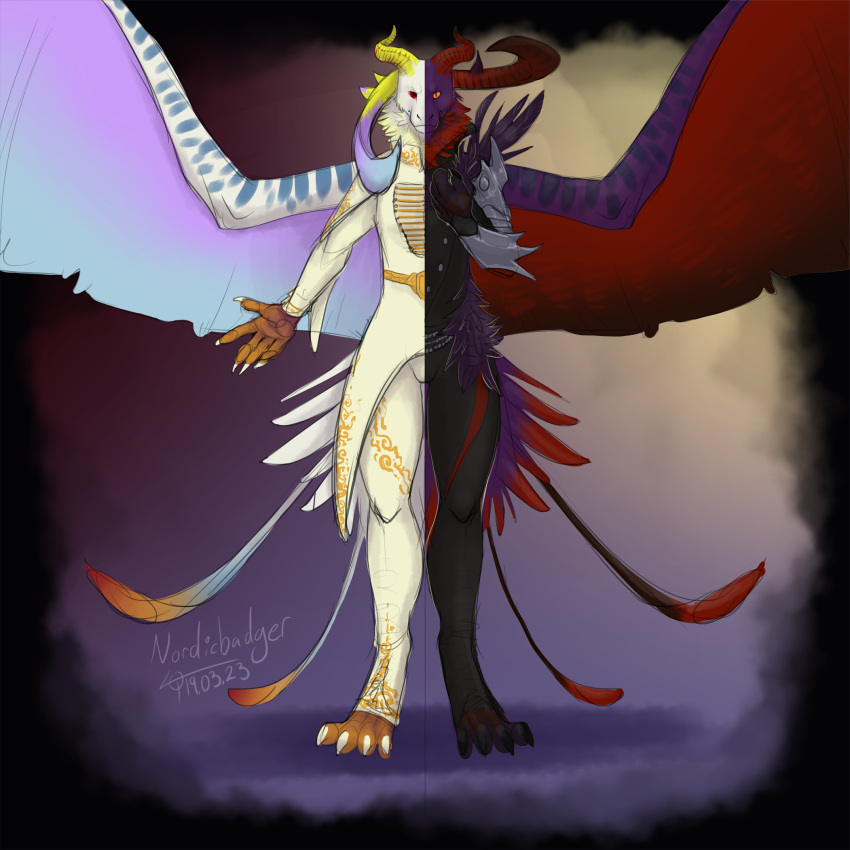 ambiguous_gender anthro black_clothing blue_wings clothing elder_dragon fur hi_res horn makili_pietru nordicbadger orange_eyes purple_head red_body red_eyes red_fur red_horn red_wings solo versa_pietru white_body white_clothing white_fur white_head wings yellow_horn