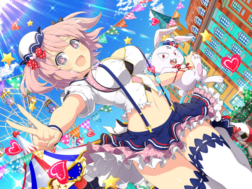 +_+ 1girl balloon black_ribbon blue_eyes blue_sky blush bow bracelet breasts building carnival carousel circus cleavage cloud day dixie_cup_hat ferris_wheel flower-shaped_pupils frilled_thighhighs frills hair_bow hair_ribbon hat heart_balloon hibari_(senran_kagura) high_heels highres jewelry large_breasts looking_at_viewer midriff military_hat miniskirt navel ninja ninto_(senran_kagura) open_mouth pink_hair polka_dot polka_dot_bow rabbit red_eyes red_ribbon red_scarf ribbon sailor scarf senran_kagura senran_kagura_new_link senran_kagura_shoujo-tachi_no_shin'ei short_hair short_twintails skirt sky smile star_(symbol) star_balloon string_of_flags suspender_skirt suspenders symbol-shaped_pupils thighhighs tower twintails v white_thighhighs window yaegashi_nan