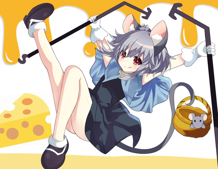 1girl aika4472 animal_ears ass black_dress cheese dress excited food gloves grey_hair mouse mouse_ears mouse_girl mouse_tail nazrin red_eyes solo tail thighs touhou white_background white_gloves