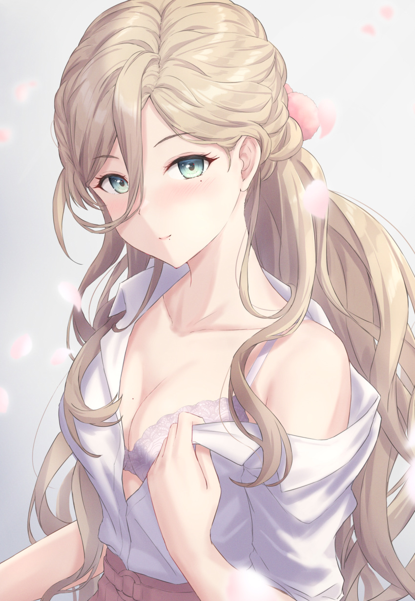 1girl absurdres blonde_hair bra breasts collarbone green_eyes hair_between_eyes highres kantai_collection long_hair looking_at_viewer medium_breasts mole mole_under_eye mole_under_mouth monoku partially_unbuttoned richelieu_(kancolle) shirt smile solo underwear upper_body white_bra white_shirt