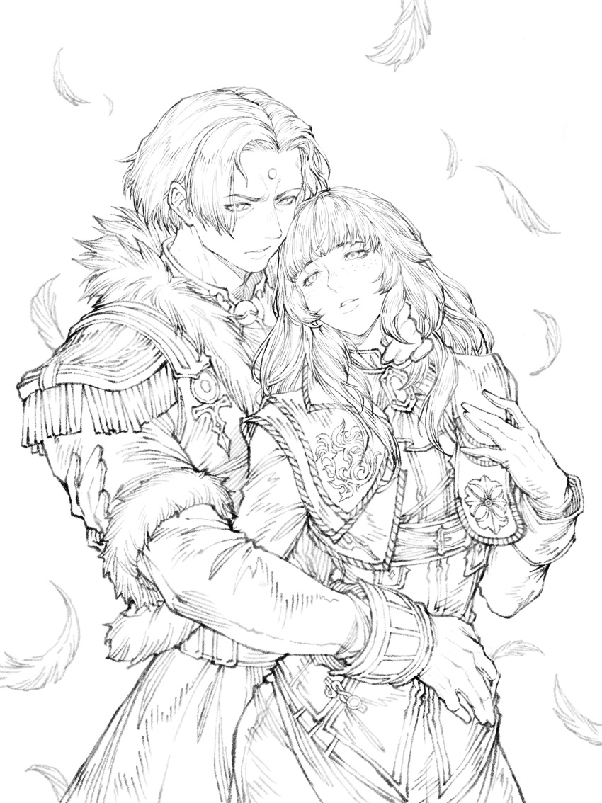 1boy 1girl absurdres avatar_(ff14) coat commentary commission english_commentary epaulettes falling_feathers final_fantasy final_fantasy_xiv forehead_jewel fur-trimmed_coat fur_trim g_studio garlean gloves greyscale hand_on_another's_neck hetero highres hyur long_hair monochrome short_hair upper_body