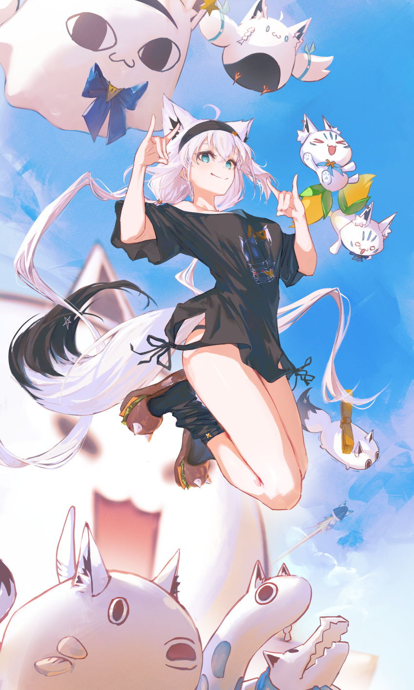 1girl absurdres ahoge animal_ear_fluff animal_ears aqua_eyes black_hairband black_shirt black_socks blush breasts burger closed_mouth food fox_ears fox_girl fox_tail fubuchun fubuzilla_(shirakami_fubuki) hair_between_eyes hairband highres hololive hyde_(tabakko) jumping long_hair long_sleeves looking_at_viewer loungewear medium_breasts miteiru_(shirakami_fubuki) nejima_kitsune_(shirakami_fubuki) official_alternate_costume open_mouth oruyanke_(shirakami_fubuki) shirakami_fubuki shirakami_fubuki_(7th_costume) shirt sidelocks slippers smile socks solo sukonbu_(shirakami_fubuki) tail virtual_youtuber white_hair