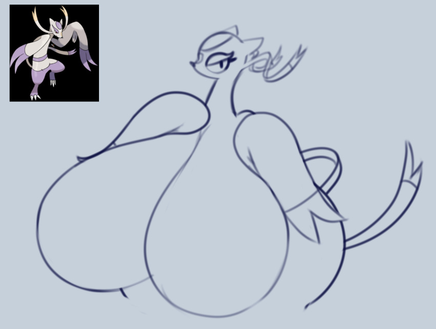 anthro big_breasts big_butt breasts butt dewy-eyedboy featureless_breasts female generation_5_pokemon huge_breasts huge_butt huge_thighs hyper hyper_breasts looking_at_viewer mienshao nintendo official_art pokemon pokemon_(species) simple_background solo standing thick_thighs