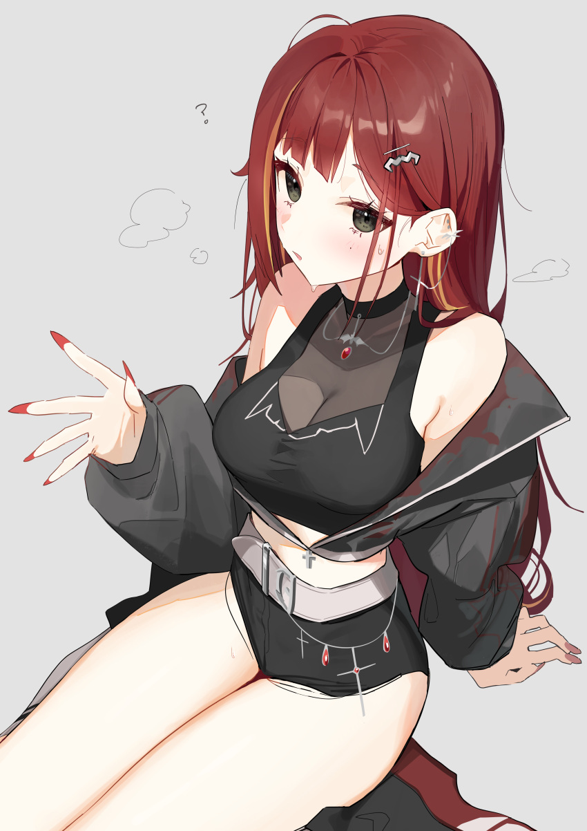 1girl absurdres akane_lize bare_shoulders black_choker black_eyes black_jacket black_shirt black_shorts breasts choker cleavage crop_top cropped_jacket cutoffs fingernails hair_ornament hairclip high-waist_shorts highres jacket large_breasts long_hair looking_at_viewer micro_shorts midriff mole mole_under_eye multicolored_hair nail_polish off_shoulder open_clothes open_jacket open_mouth puffy_sleeves red_hair red_nails see-through see-through_cleavage seiza sharp_fingernails shirt shoes shorts simple_background sitting sleeveless sleeveless_shirt solo stellive streaked_hair sweat syhan thighs virtual_youtuber